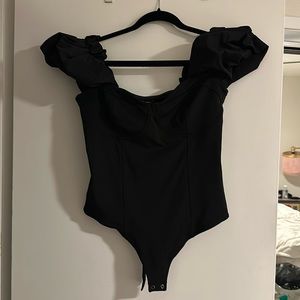 EXPRESS Body Contour High Compression Puff Sleeve Corset Bodysuit Black